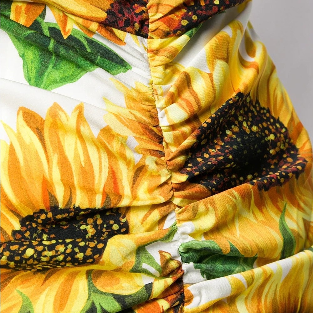 Dolce & Gabbana Sunflower Print Silk Midi Dress Ruched Size 0 - Picture 3 of 6